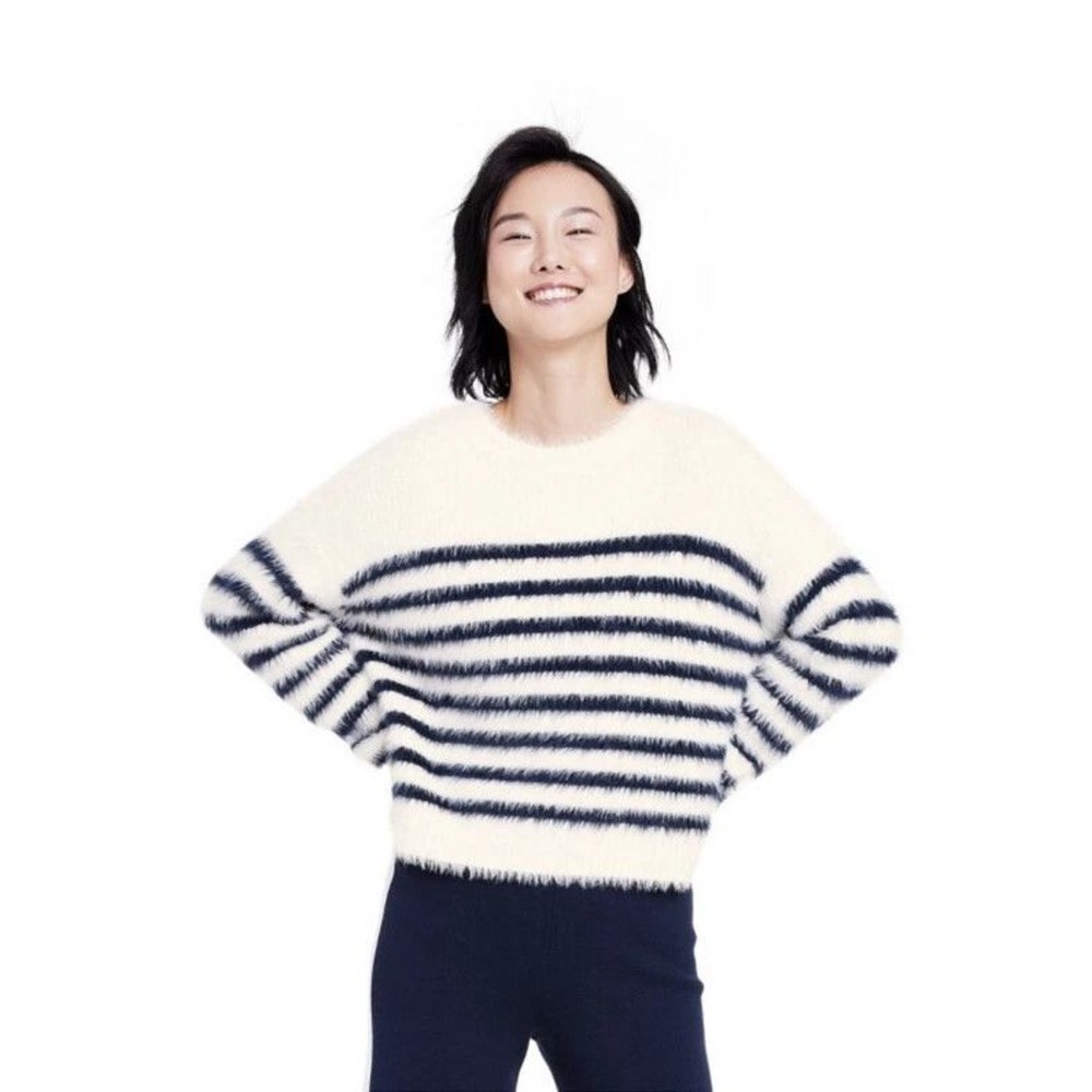 La Ligne x Target Fuzzy Yarn Striped Sweater Relaxed Fit Cream Navy Blue Size M